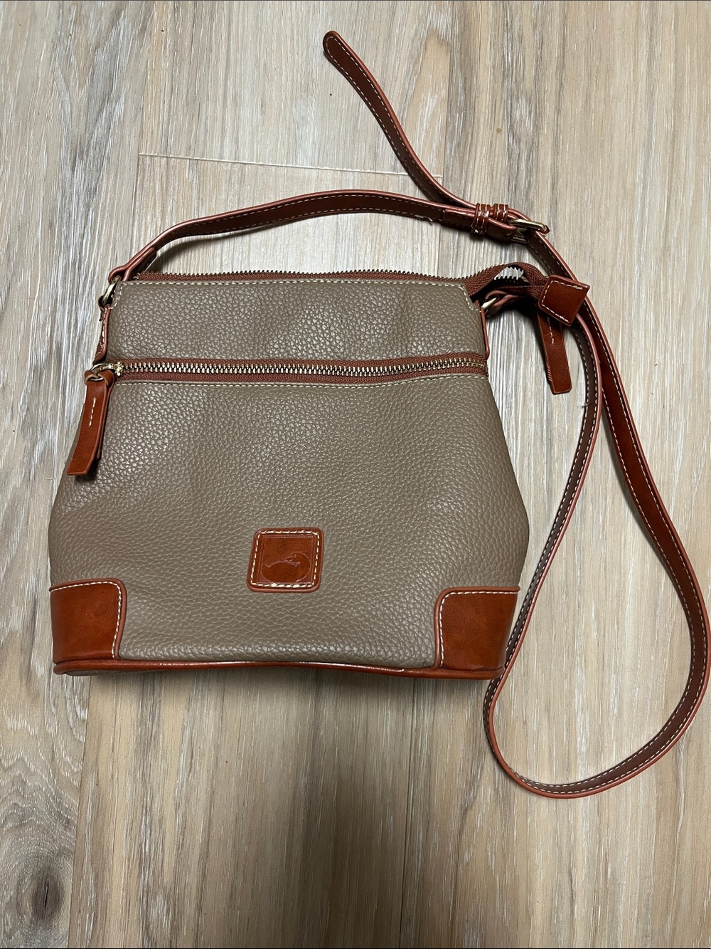 Classic Taupe Crossbody Bag with Brown Trim